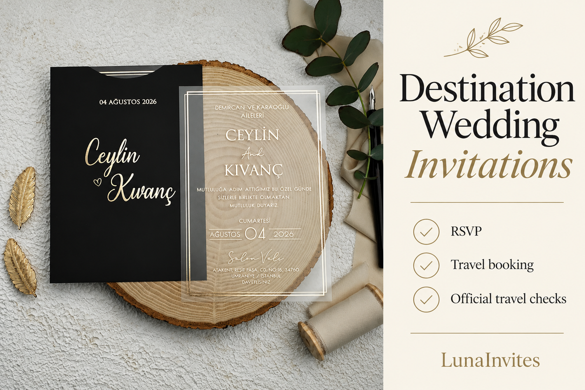 AI-assisted LunaInvites product-photo layout of a black-envelope clear acrylic invitation beside a destination wedding checklist for RSVP, travel booking, and official travel checks.