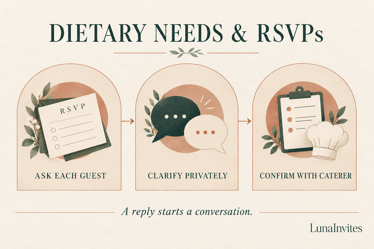 LunaInvites dietary RSVP communication guide: ask each guest, clarify privately, and confirm with the caterer.