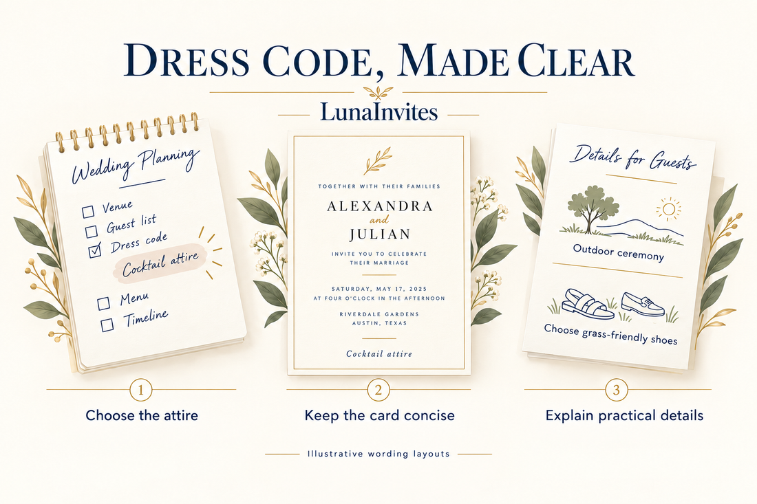 Guida illustrata LunaInvites al codice di abbigliamento: scegliere lo stile, mantenere concisa la frase sull'invito e spiegare i dettagli su vestiti o calzature per gli spazi all'aperto.