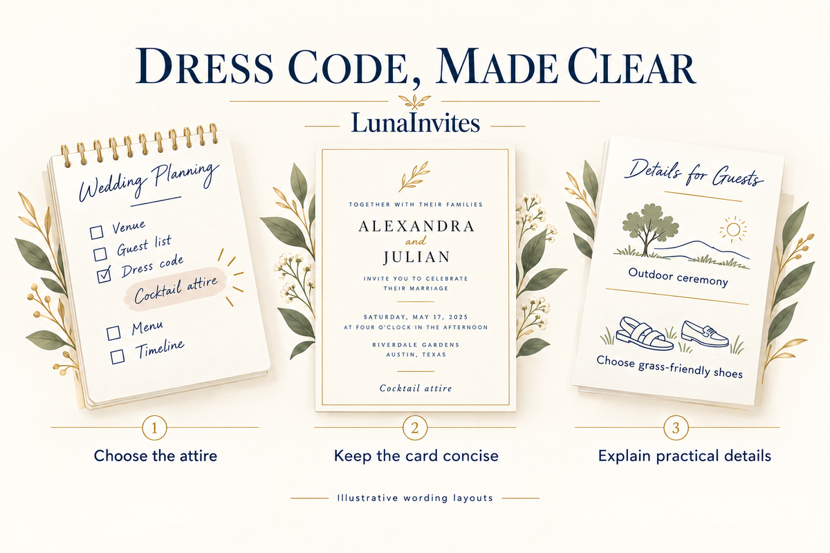 LunaInvites illustrative dress-code guide: choose attire, keep the invitation line concise, and explain outdoor clothing or footwear details.