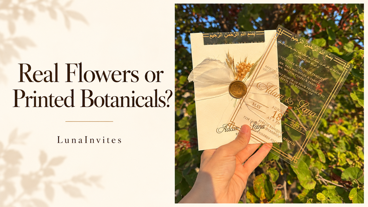 AI-assisted LunaInvites editorial cover showing the store’s clear acrylic invitation, white envelope, bow, gold wax seal, and dried botanical accent beside a comparison headline.
