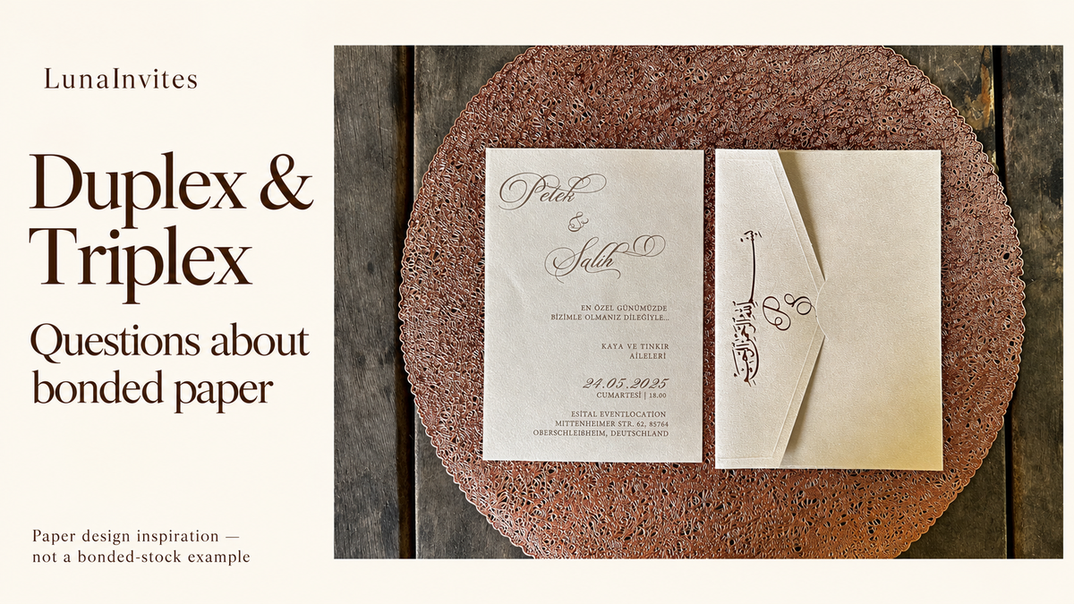 LunaInvites duplex and triplex guide beside a cream paper invitation and matching envelope; AI-assisted cover, not a bonded-stock example.