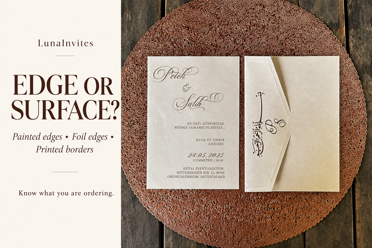 LunaInvites cream paper invitation and matching calligraphy envelope beside an edge-versus-surface guide; AI-assisted layout using the store’s own product photograph, without added edge finishes.