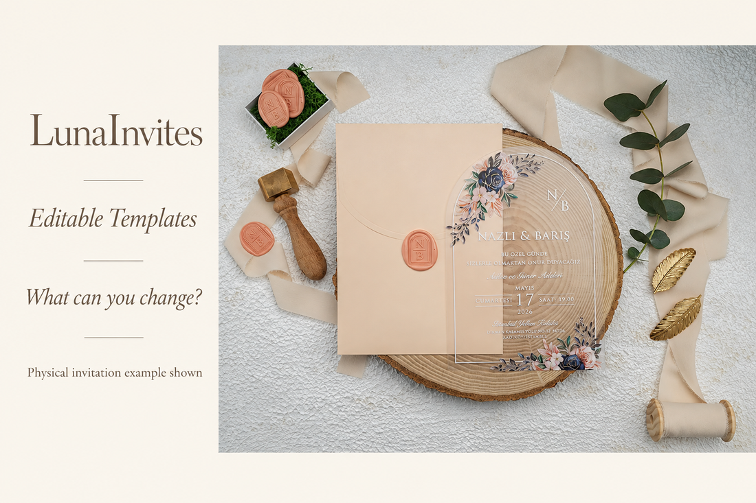 Composizione con IA LunaInvites: invito acrilico floreale e busta rosa cipria accanto a guida all’acquisto Editable Templates; etichetta Physical invitation example shown.