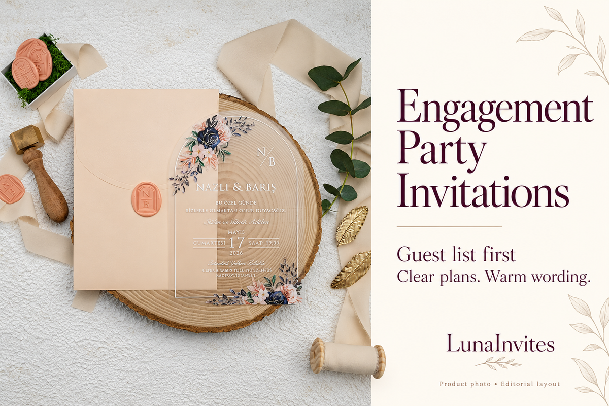 LunaInvites blush envelope and floral arch acrylic invitation beside engagement-party guest-list guidance; AI-assisted editorial layout using the store's product photo.