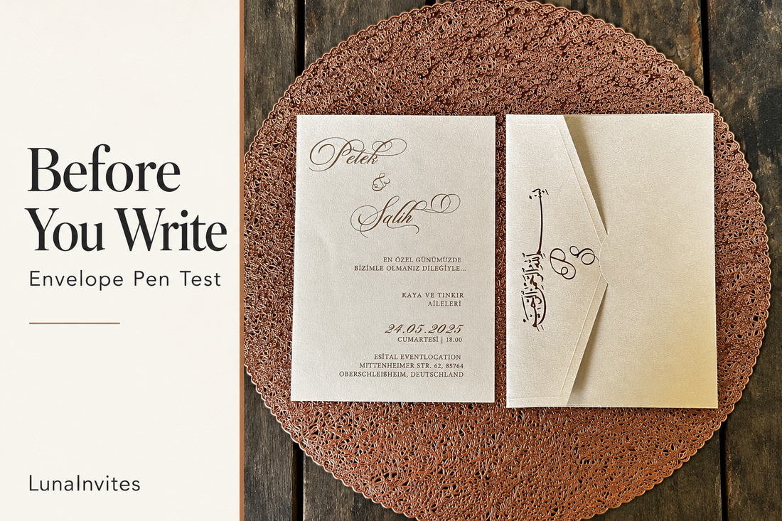 Composizione editoriale con IA LunaInvites con un invito in carta crema e una busta calligrafica abbinata accanto a «Before You Write / Envelope Pen Test».