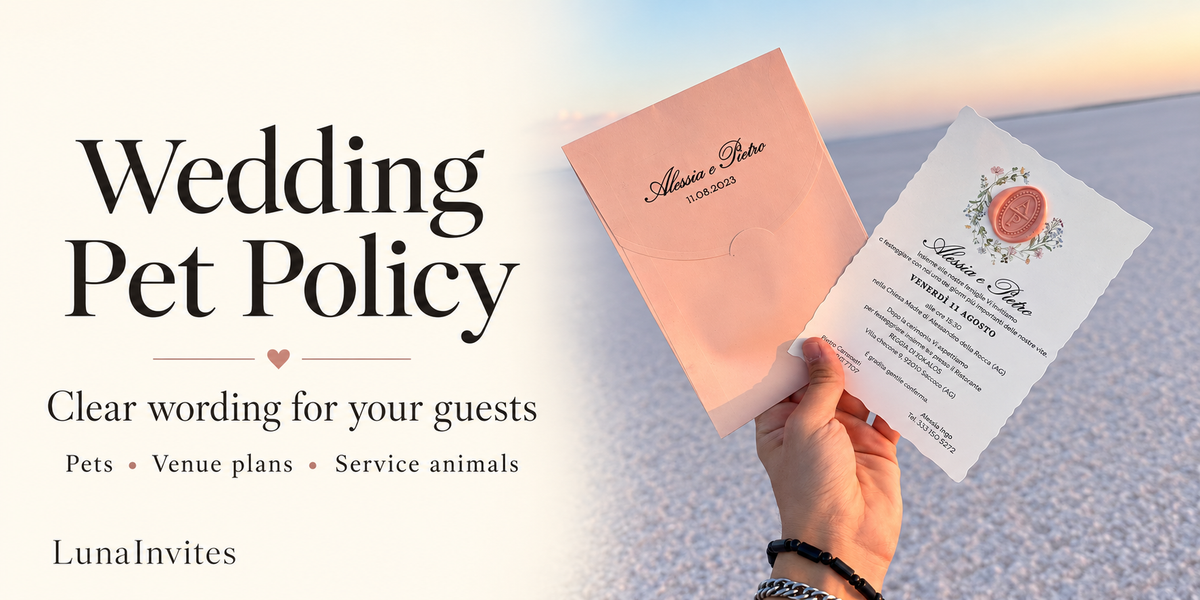 AI-assisted editorial layout of a LunaInvites scalloped paper invitation, blush envelope and pink seal beside Wedding Pet Policy guidance.