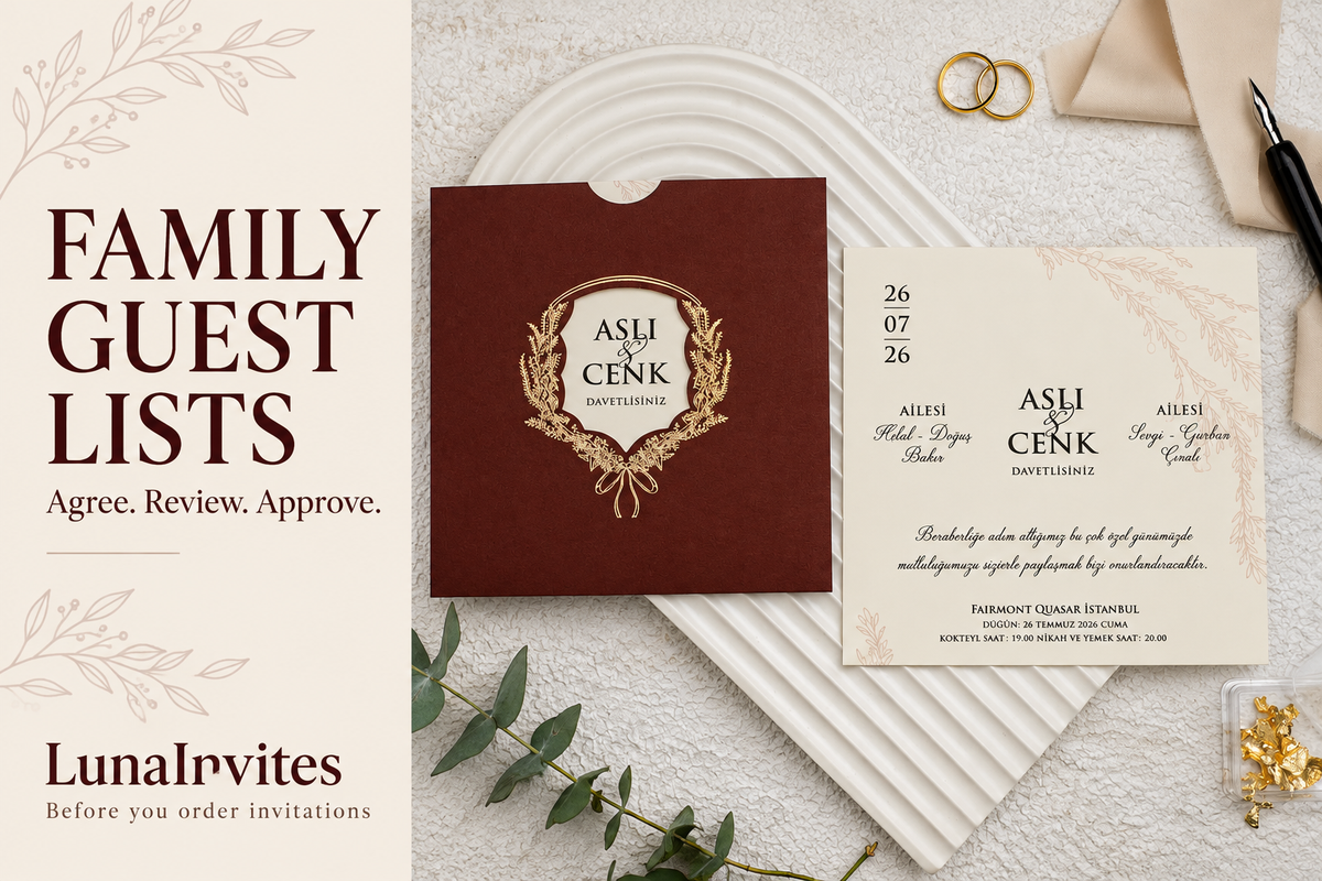LunaInvites burgundy botanical-wreath envelope and white paper invitation beside Family Guest Lists approval guidance; AI-assisted layout using the store’s product photograph.