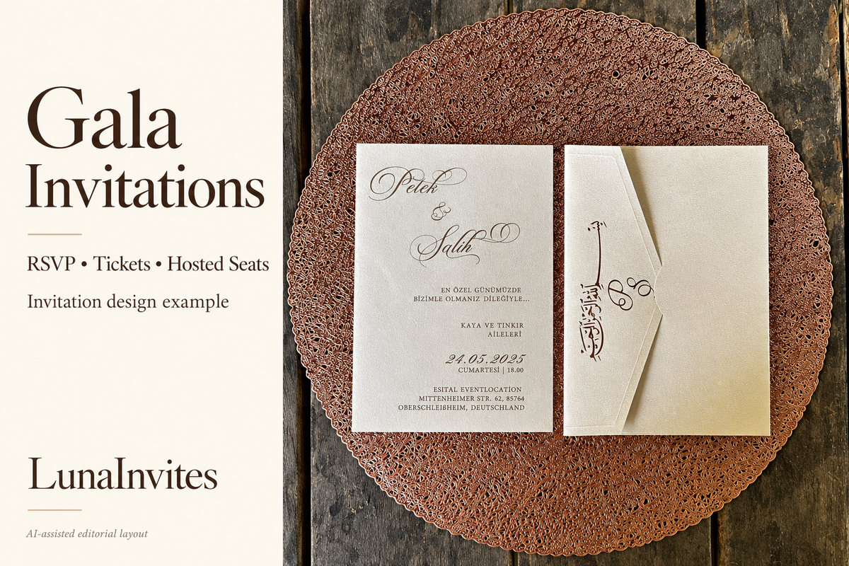 LunaInvites cream invitation and matching envelope beside Gala Invitations: RSVP, Tickets, Hosted Seats; AI-assisted editorial layout, invitation design example.