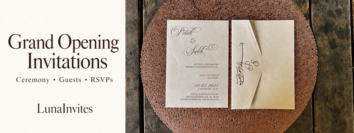 AI-assisted LunaInvites guide cover showing a cream wedding invitation and matching envelope beside Grand Opening Invitations text.