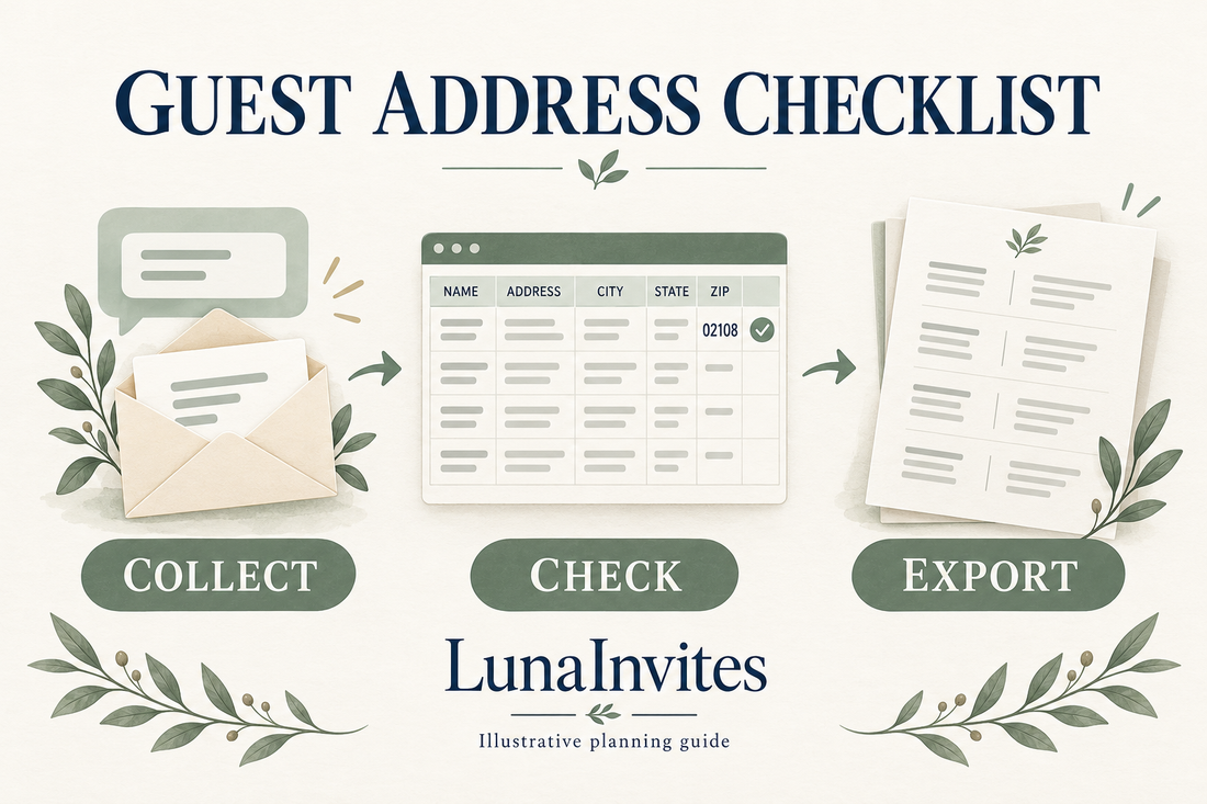 Guida illustrata LunaInvites alla lista di spedizione: raccogliere gli indirizzi degli ospiti, controllare i codici postali e rivedere l'esportazione per la stampa.