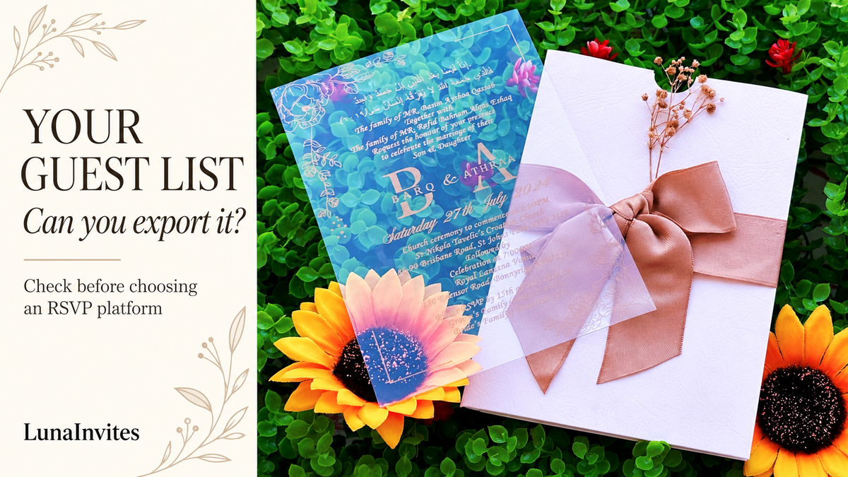 LunaInvites clear acrylic invitation with white envelope, dusty rose bow and dried flowers beside guest-list export planning text.
