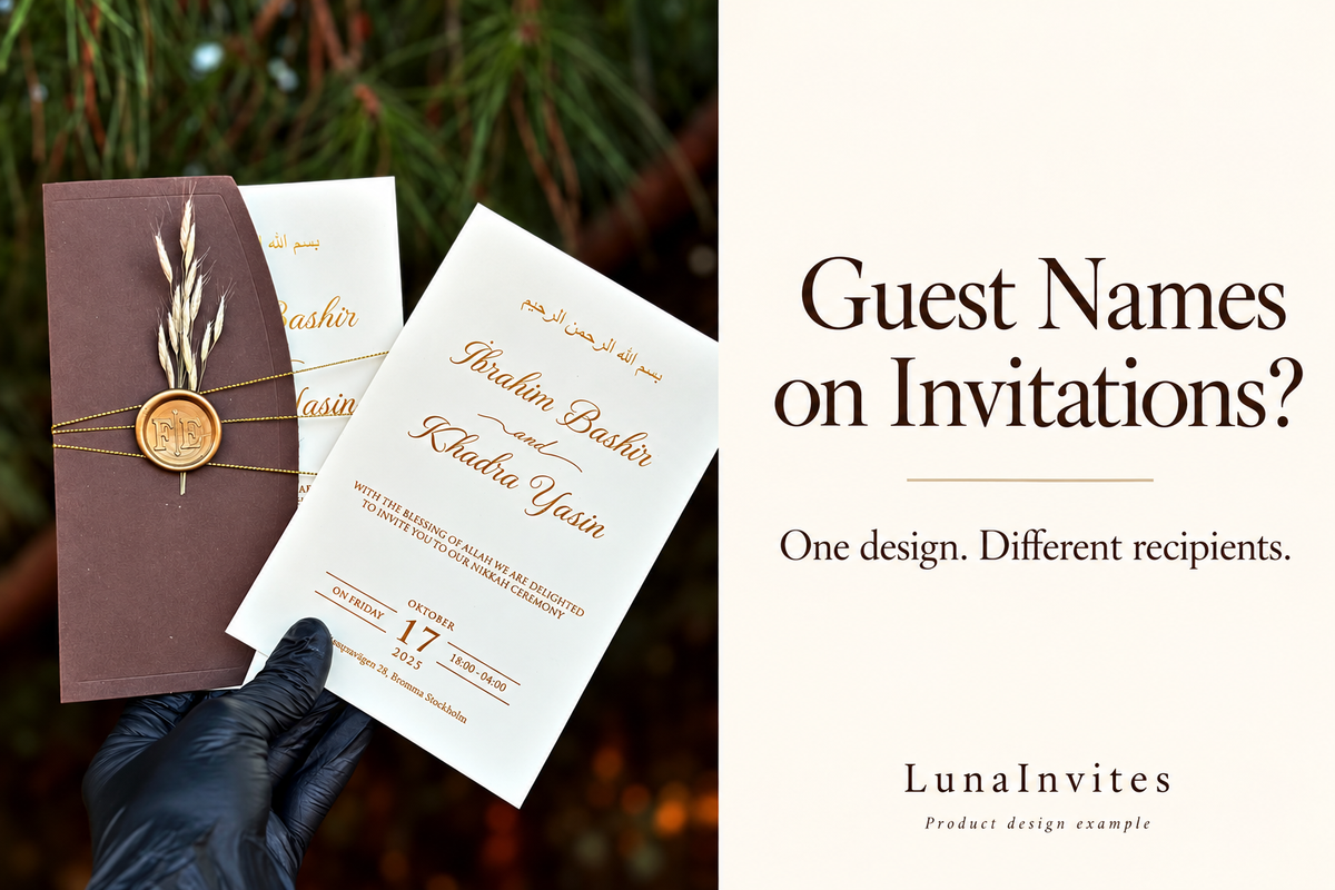 LunaInvites white paper invitation and brown envelope with gold cord, wax seal and dried sprig beside guest-name printing guidance; AI-assisted editorial layout using the store’s product photo.