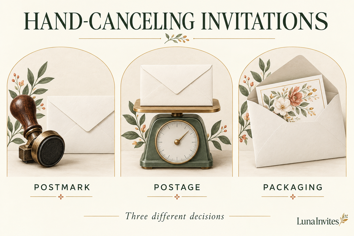 LunaInvites educational illustration separating hand-canceling decisions: a manual postmark, an envelope on a scale for postage, and protective outer packaging.
