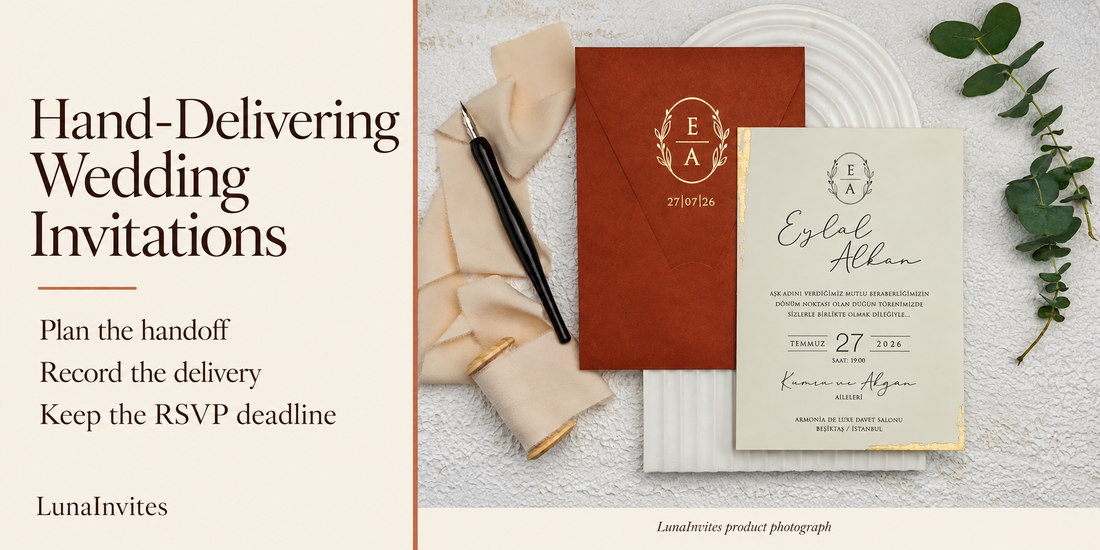 Busta terracotta con monogramma e invito LunaInvites in carta avorio con dettagli dorati sui bordi accanto a indicazioni per la consegna a mano e promemoria RSVP.