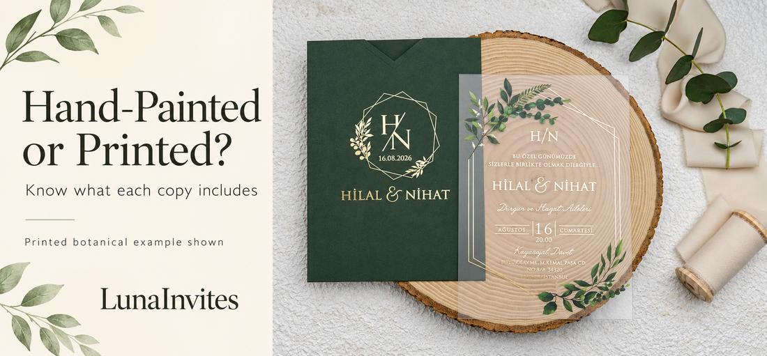 Composizione con IA LunaInvites: invito botanico stampato in acrilico trasparente e busta verde accanto a testo Hand-Painted or Printed?.
