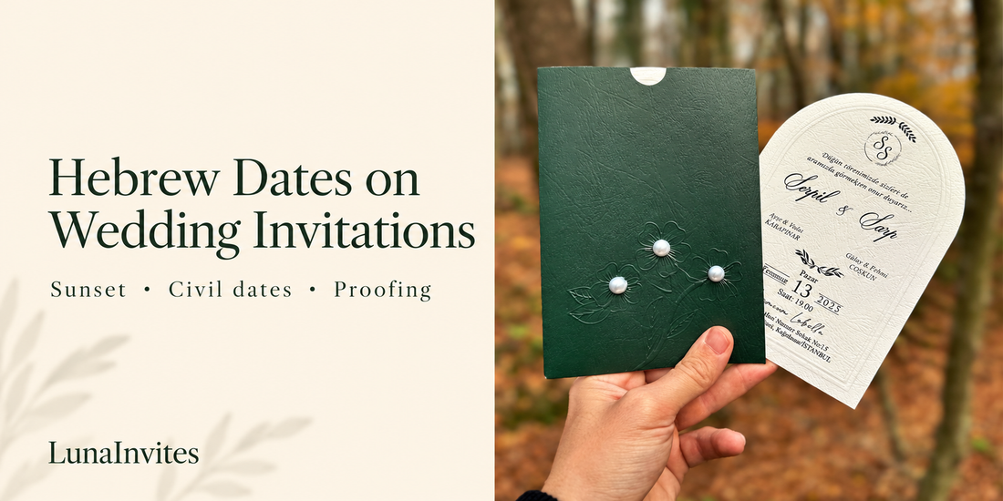 Composição com IA da LunaInvites: convite em papel branco em arco e envelope verde perolado junto de guia de datas hebraicas; texto existente da amostra inalterado.