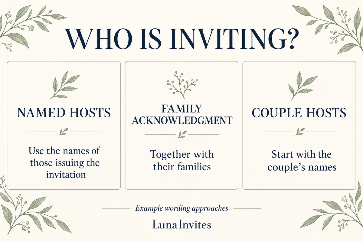 LunaInvites illustrative comparison of three wedding invitation approaches: named hosts, family acknowledgment, and couple hosts.