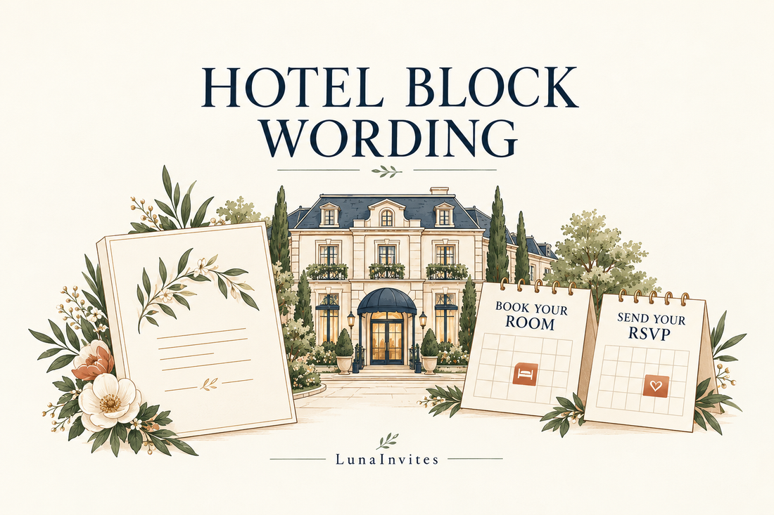 Guida illustrata LunaInvites ai testi sulle camere riservate in hotel, con un inserto sugli alloggi e calendari separati per prenotazioni alberghiere e conferme RSVP.