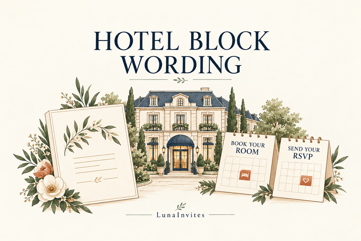 LunaInvites illustrated hotel block wording guide showing an accommodation insert and separate hotel-booking and wedding-RSVP calendars.