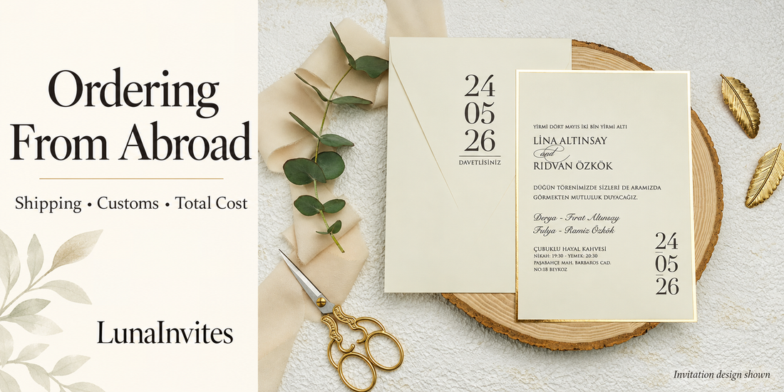 Composizione con IA LunaInvites: invito in carta beige con bordo dorato e busta con design della data accanto a guida a spedizione e dogana Ordering From Abroad.