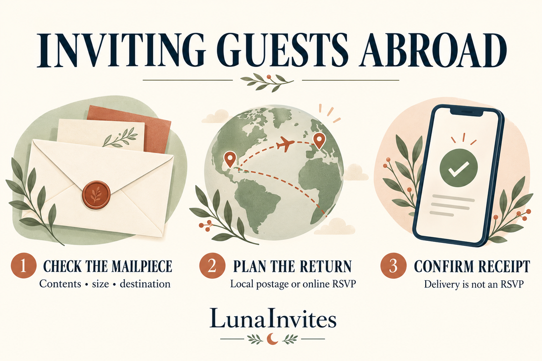 Lista illustrata LunaInvites per invitare ospiti dall'estero: controllare il plico, prevedere l'affrancatura di risposta o un RSVP online e confermare la ricezione separatamente dalla presenza.