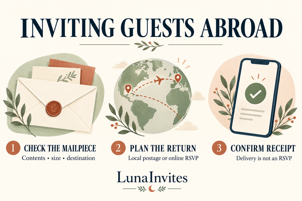 LunaInvites illustrated checklist for inviting guests abroad: check the mailpiece, plan return postage or online RSVP, and confirm receipt separately from attendance.