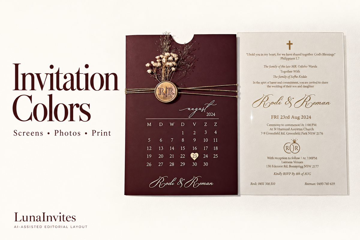 LunaInvites invitation color guide with burgundy calendar envelope, clear acrylic invitation, gold wax seal, dried flowers and cord; AI-assisted layout.