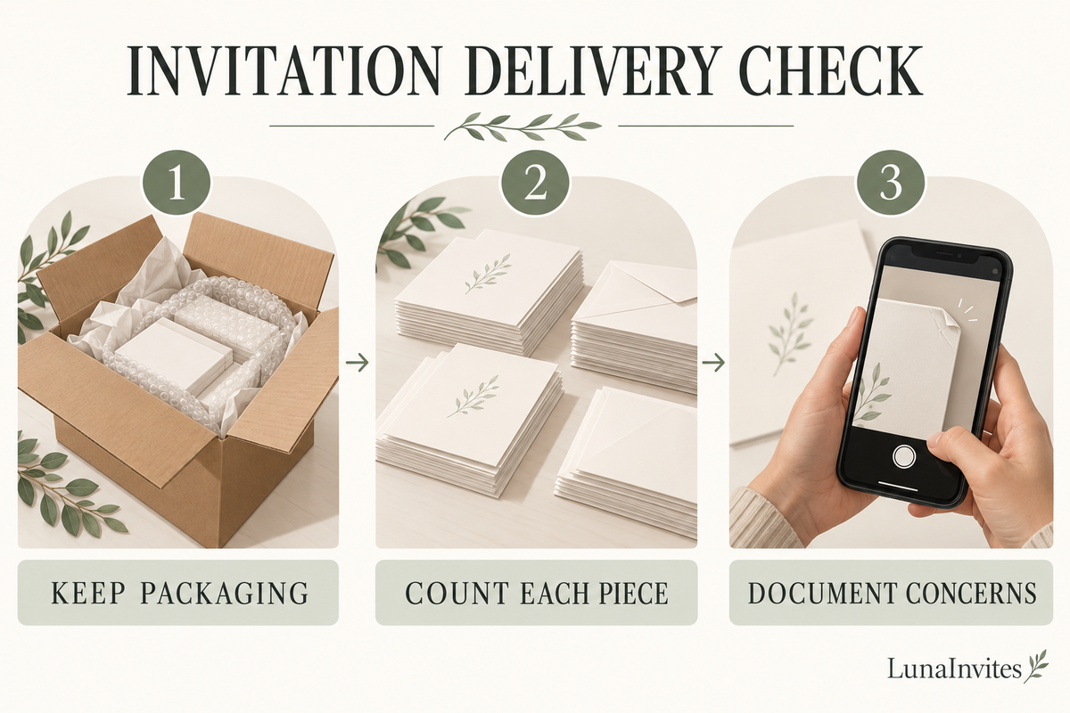 LunaInvites illustrated invitation delivery checklist: keep packaging, count each piece, and photograph concerns.