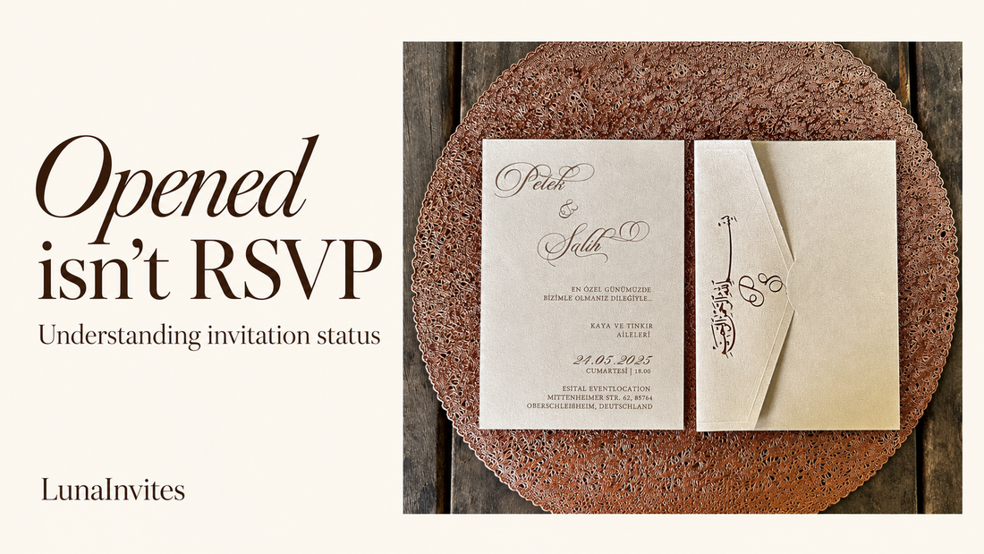 Capa editorial LunaInvites: convite de casamento creme e envelope a condizer junto de título do guia de estado dos convites Opened isn’t RSVP.