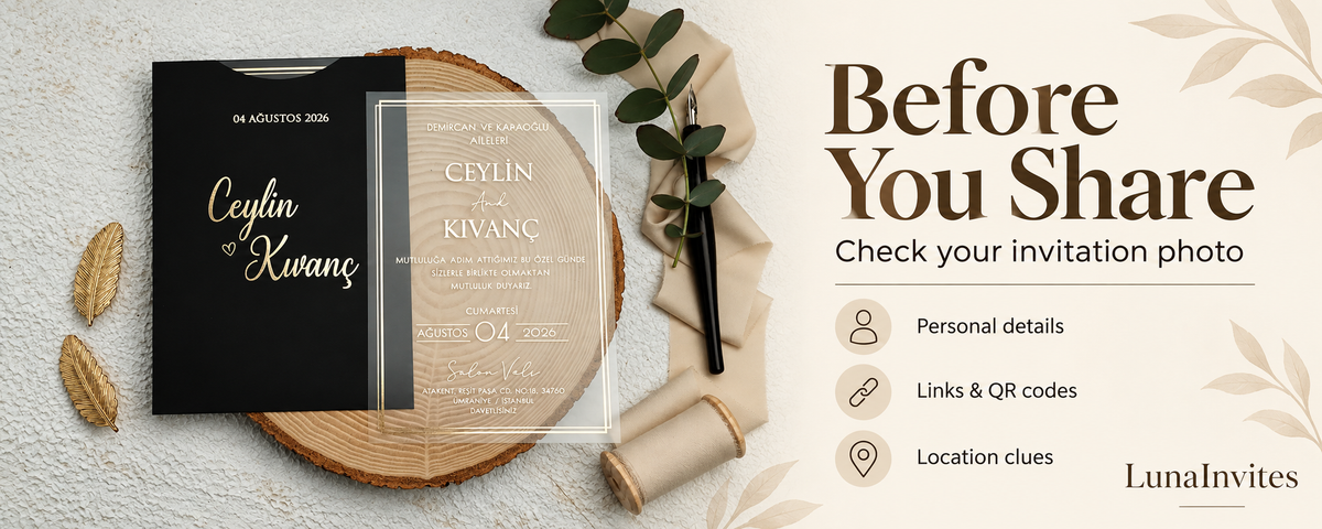 AI-assisted layout of LunaInvites black-envelope clear acrylic invitation beside a Before You Share checklist for personal details, links and QR codes, and location clues.
