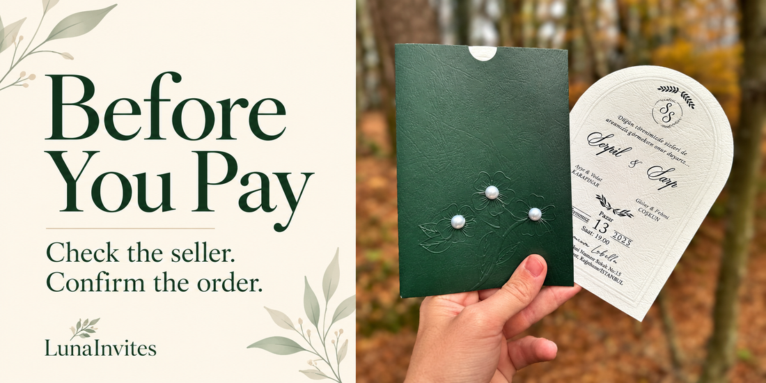 Composição com IA da LunaInvites: convite em papel branco em arco e envelope verde perolado junto de guia de verificação de vendedores; foto de produto da loja.