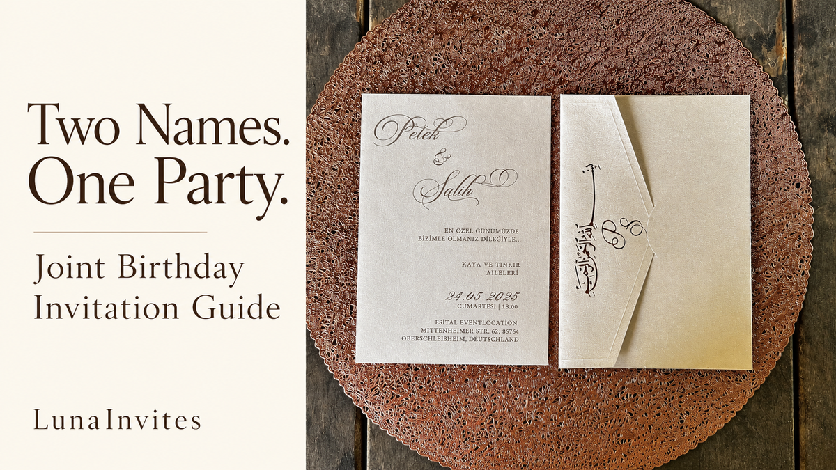 LunaInvites cream invitation and matching calligraphy envelope beside Two Names. One Party. text; AI-assisted joint birthday guide cover, product shown as a style reference.