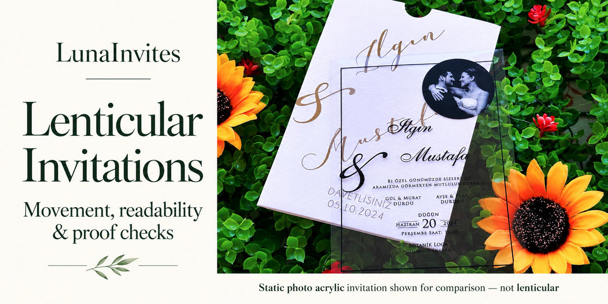 LunaInvites editorial cover with a static clear photo acrylic invitation and white envelope, labeled as a non-lenticular comparison.