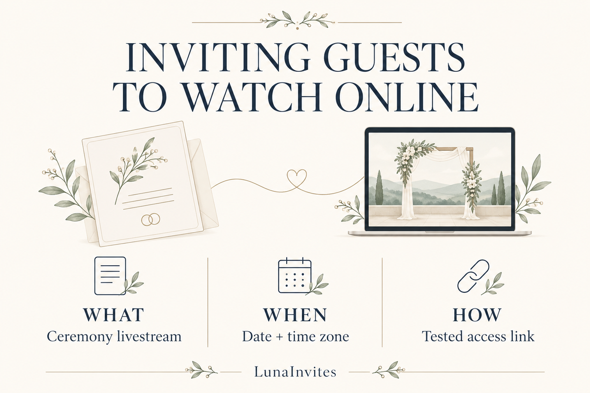 LunaInvites illustrated checklist for livestream wedding invitations: ceremony coverage, date and time zone, and tested access link.