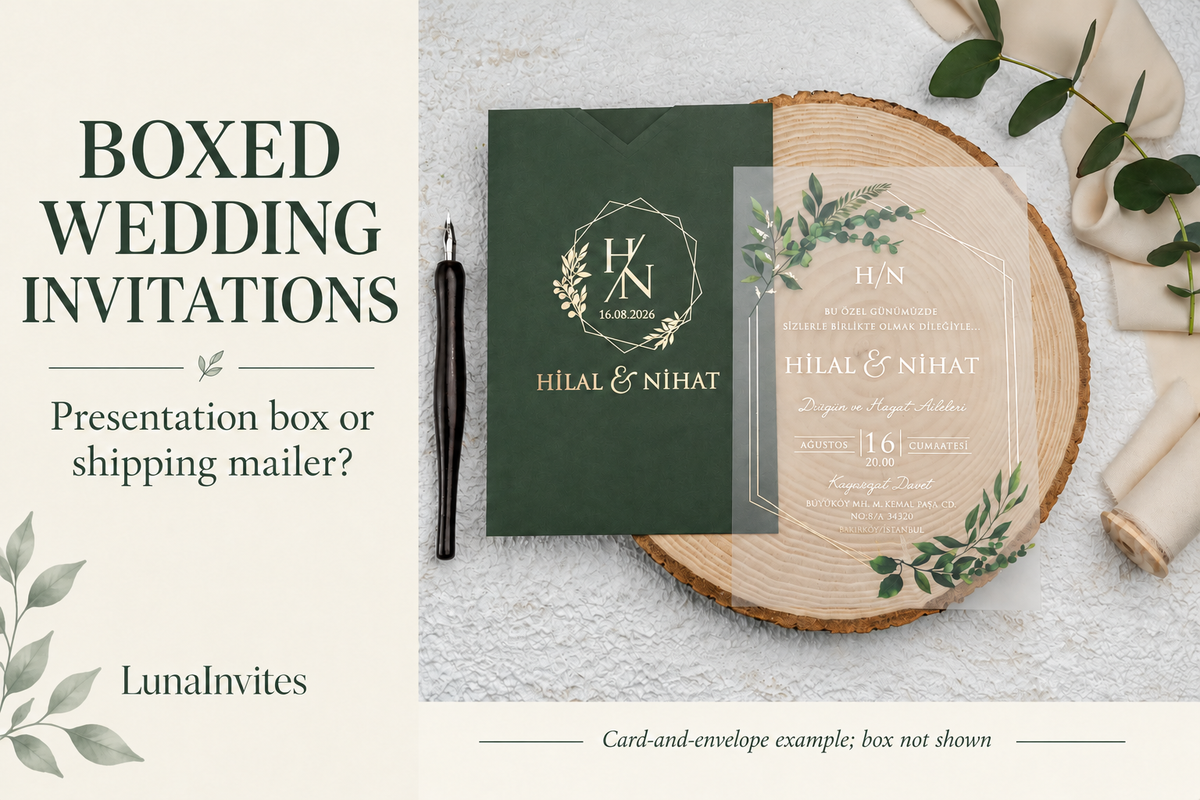 LunaInvites boxed-invitation guide with a clear botanical acrylic card and green envelope; AI-assisted layout, no box shown.