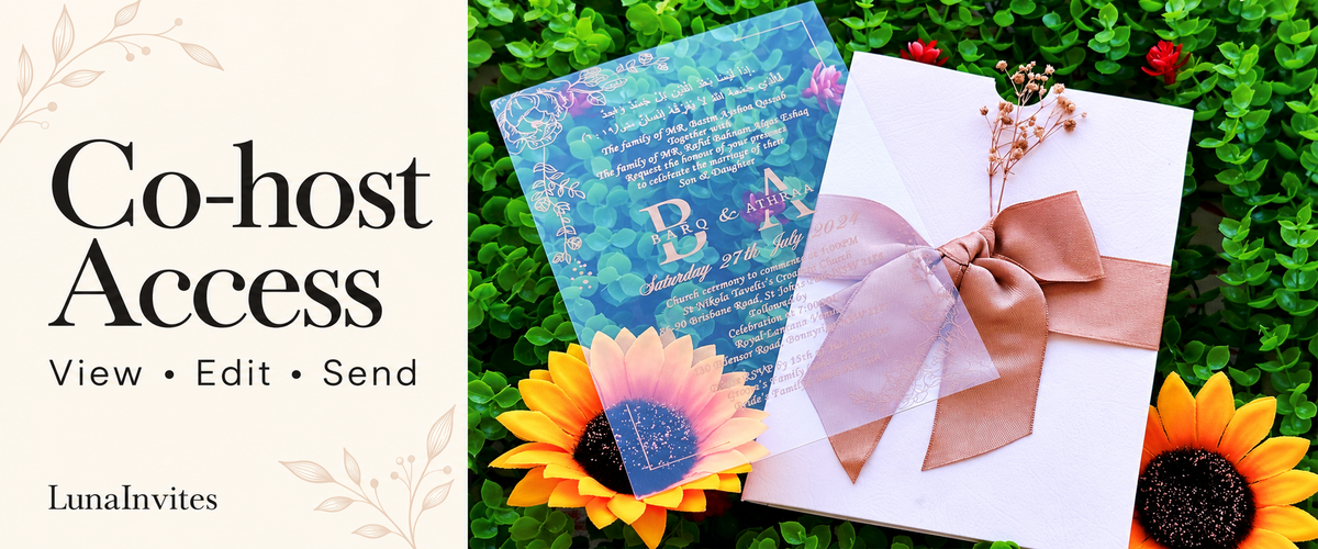 LunaInvites clear acrylic invitation, white cover, dusty rose satin bow and dried flowers beside Co-host Access guidance; AI-assisted editorial layout.
