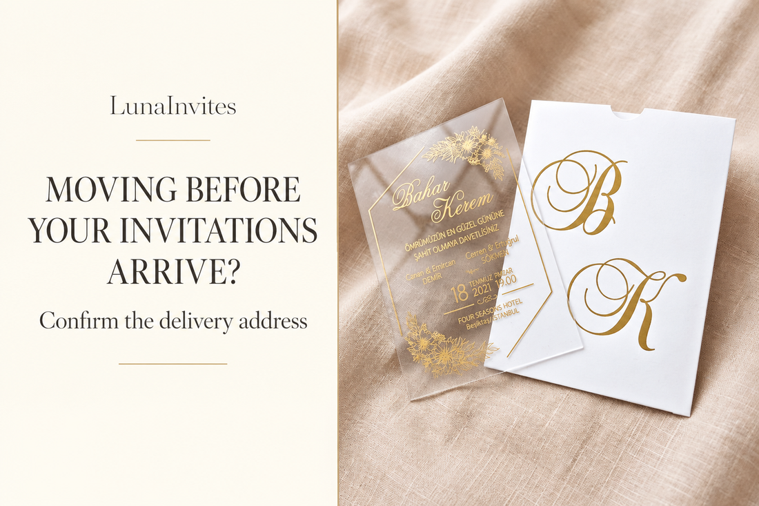 Capa editorial LunaInvites: convite floral em acrílico transparente e envelope branco com monograma junto de orientações para alterar a morada de entrega de uma encomenda.