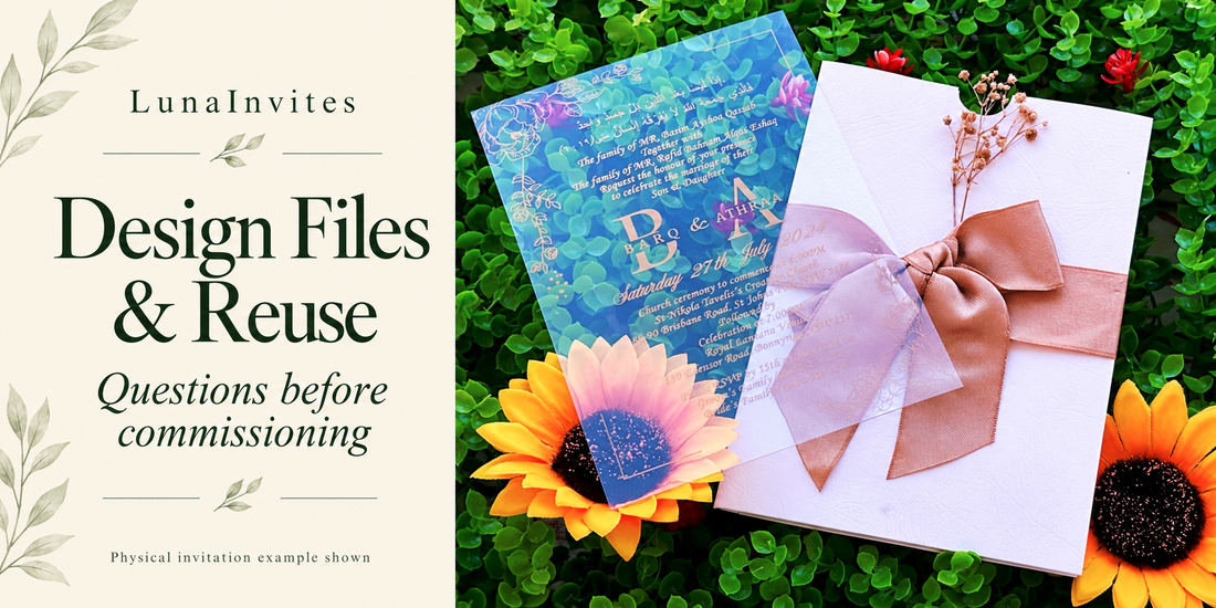 Composizione con IA LunaInvites: invito acrilico trasparente, copertina bianca, fiocco rosa antico e fiori secchi accanto a guida Design Files & Reuse.