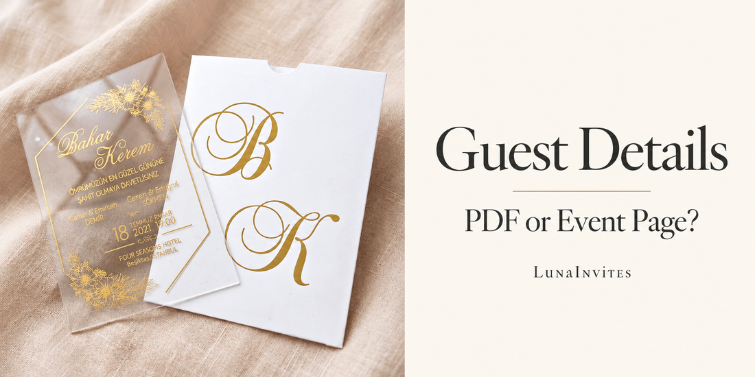 AI-assisted editorial cover based on a LunaInvites floral clear acrylic invitation and white monogram envelope, with Guest Details, PDF or Event Page?, and LunaInvites text.
