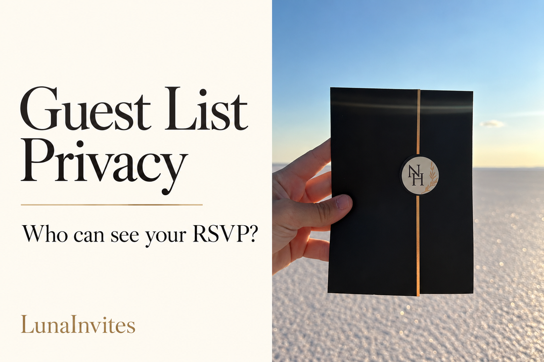 Composição com IA da LunaInvites: convite preto em pasta com bolso, linha dourada e monograma redondo junto de guia Guest List Privacy.