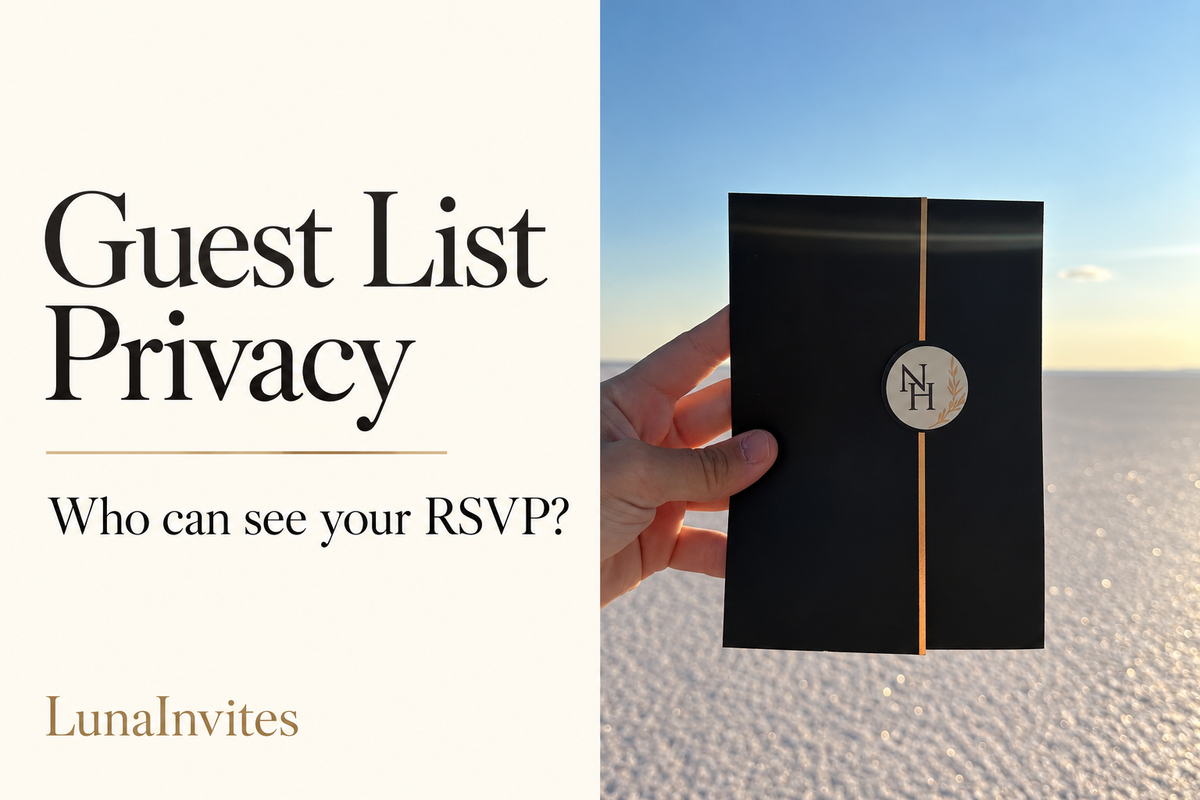 LunaInvites black pocket-folder invitation with gold line and round monogram beside Guest List Privacy guidance; AI-assisted editorial layout.