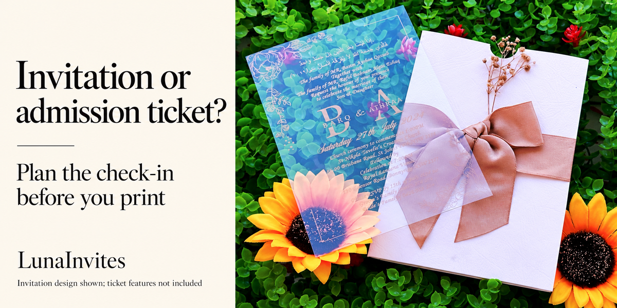 LunaInvites clear acrylic invitation with white cover, dusty rose bow and dried flowers beside guidance on invitations and admission tickets.