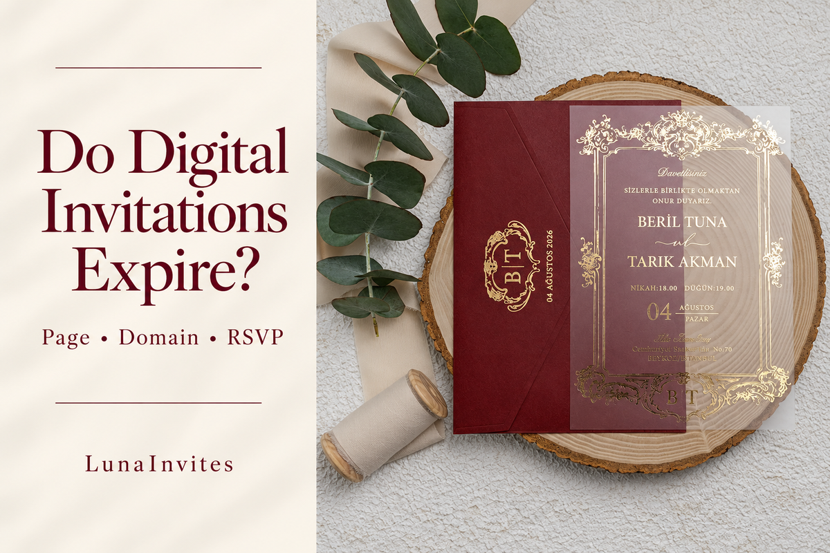 LunaInvites burgundy envelope and clear acrylic invitation with ornate gold frame beside digital invitation expiry guidance; AI-assisted editorial layout.