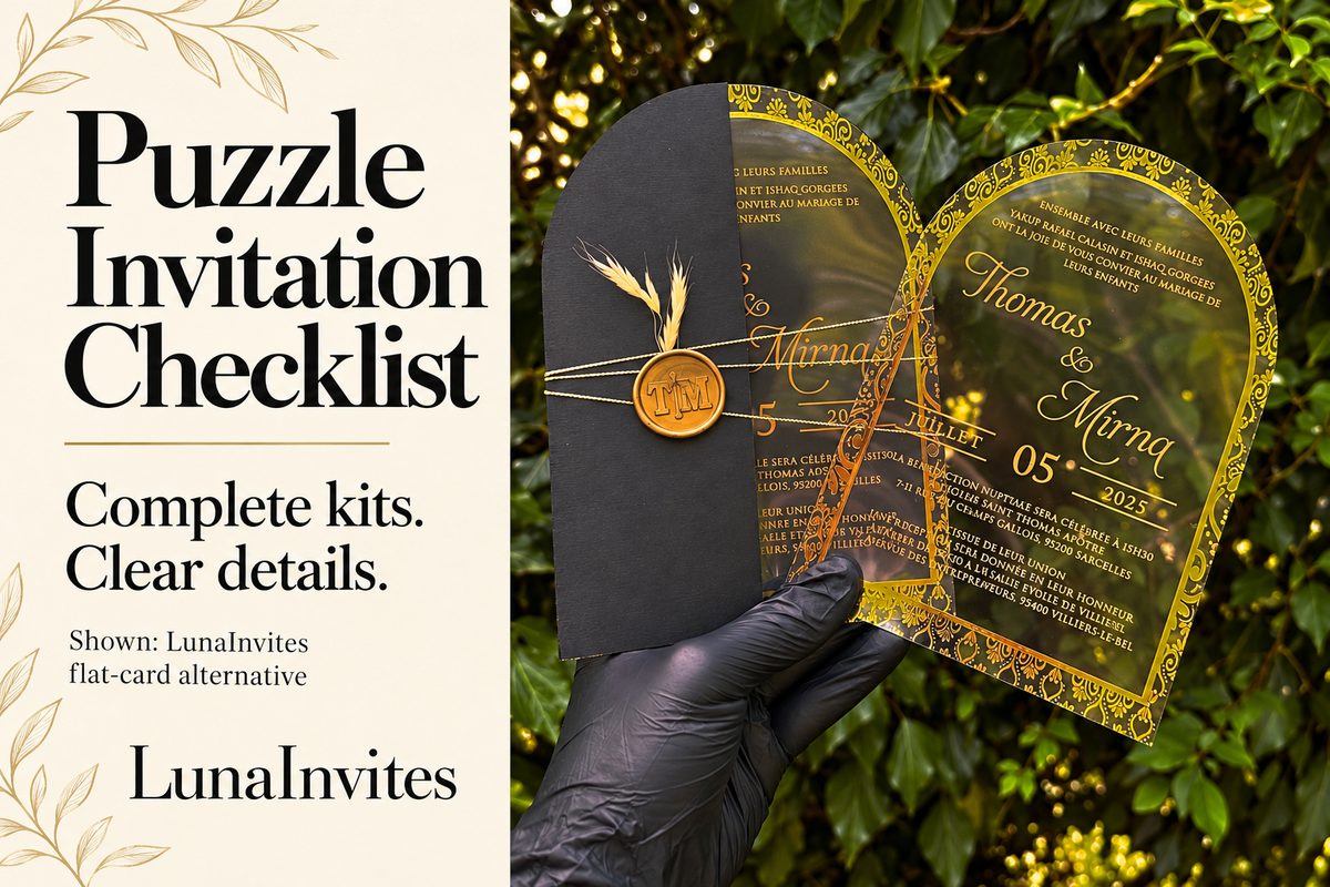 LunaInvites puzzle invitation checklist beside its clear arched acrylic cards and black envelope, labeled flat-card alternative; AI-assisted editorial layout.