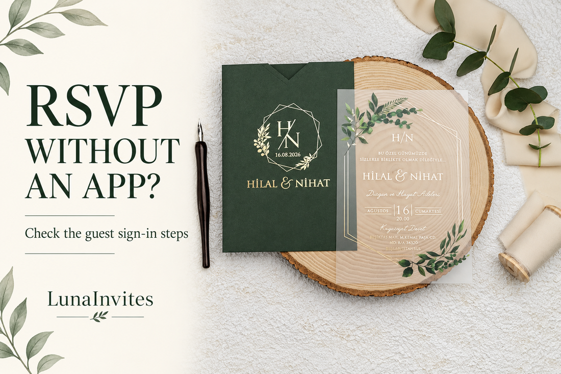 Composição com IA da LunaInvites: envelope verde e convite botânico em acrílico transparente junto de texto sobre RSVP sem aplicação.