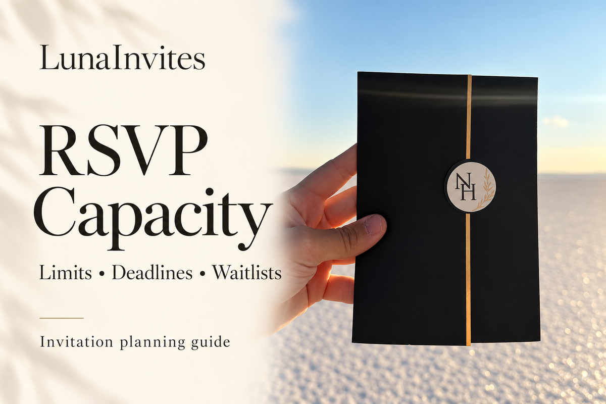 LunaInvites black pocket-folder invitation with gold line and round monogram beside RSVP Capacity guidance; AI-assisted editorial layout.