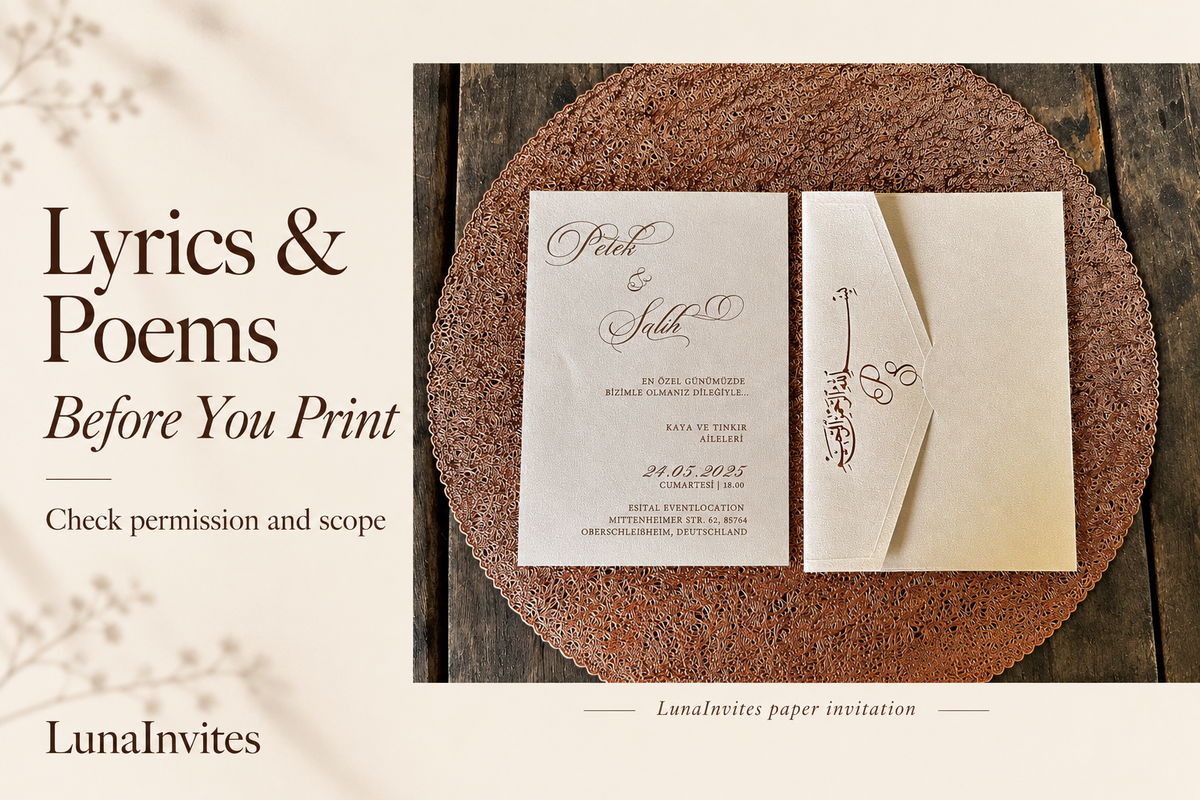 LunaInvites cream paper invitation and matching envelope beside lyrics and poems permission guidance; AI-assisted composition using the store’s photograph.