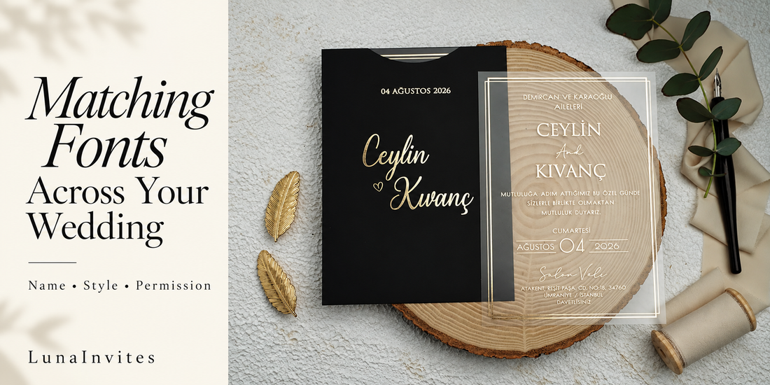 Composição editorial com IA da LunaInvites com um envelope preto e um convite em acrílico transparente com impressão dourada junto de «Matching Fonts Across Your Wedding».