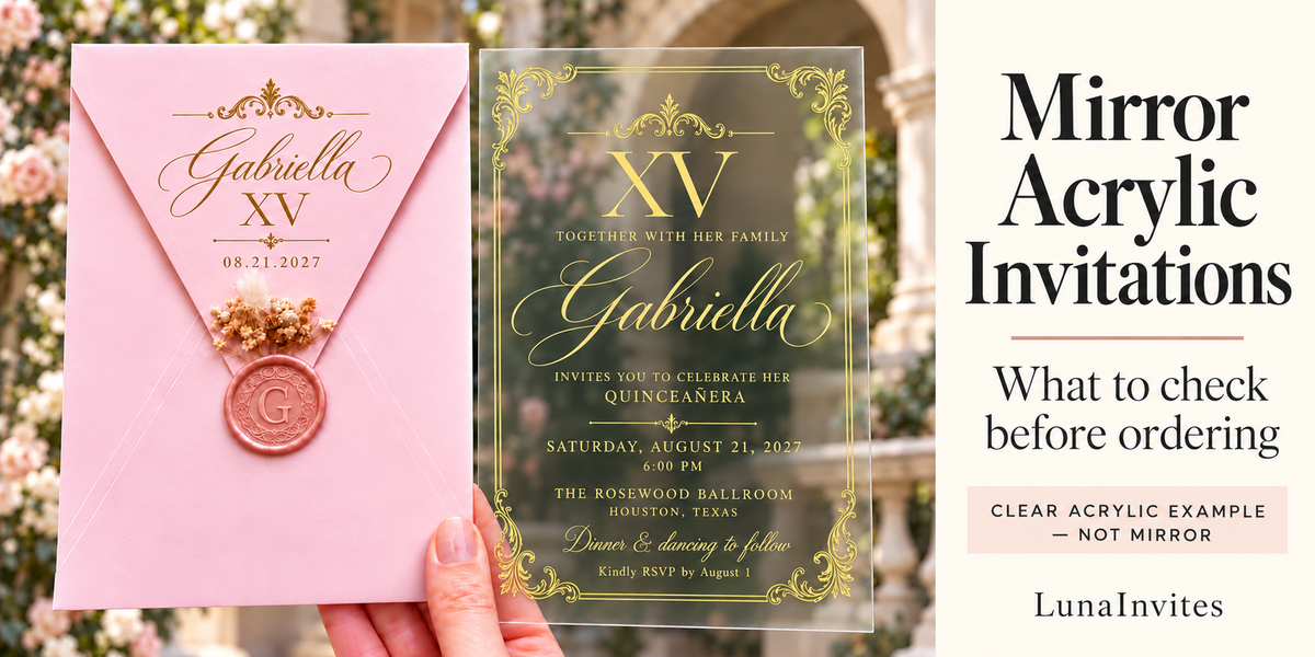 LunaInvites clear acrylic Quinceañera invitation with gold design and pink envelope, labeled as a clear-acrylic comparison in a mirror invitation guide.